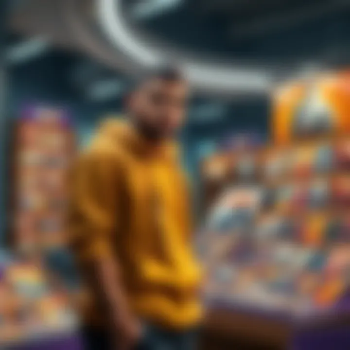 Bautdz3030 stands next to a display of limited cards for sale, attracting collectors and enthusiasts.