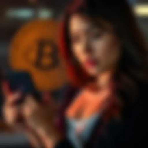 A woman holding her cellphone looking concerned, with a digital bitcoin symbol in the background, representing a SIM swap fraud case