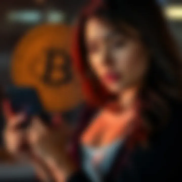 A woman holding her cellphone looking concerned, with a digital bitcoin symbol in the background, representing a SIM swap fraud case
