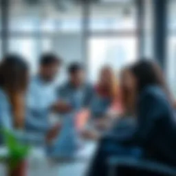 A diverse group of bCashers discussing finance strategies using laptops and digital devices in a modern workspace