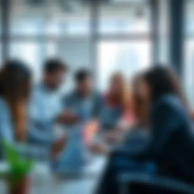 A diverse group of bCashers discussing finance strategies using laptops and digital devices in a modern workspace