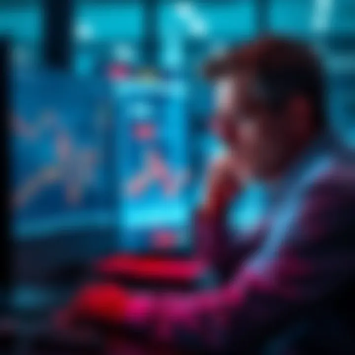 A worried investor looking at falling stock prices on a computer screen, contemplating whether to sell assets or hold.