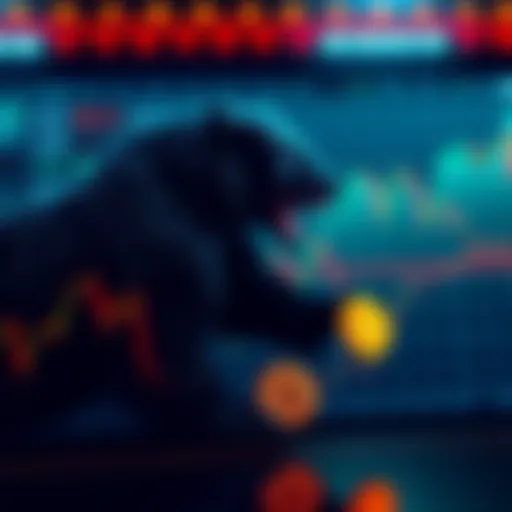 A chart showing a downward trend in cryptocurrency values with Bitcoin and Ethereum symbols highlighted