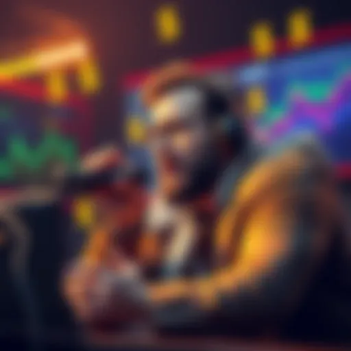 A financial influencer speaking on a podcast, with charts and dollar signs around, symbolizing shilling in a bear market