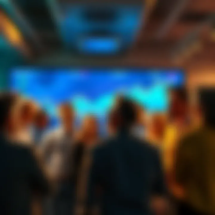 A group of people discussing their experiences of surviving the bear market, some looking hopeful and motivated, with charts and graphs on a screen behind them, representing financial growth and recovery
