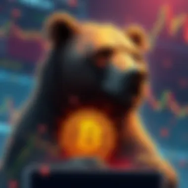 A bear symbolizing bearish traders amidst falling Bitcoin prices and market charts