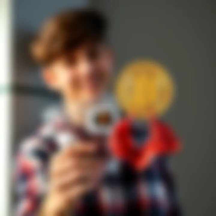 A young investor holds a beef jerky bag in one hand and a Bitcoin symbol in the other, symbolizing his shift from a meat business to cryptocurrency.