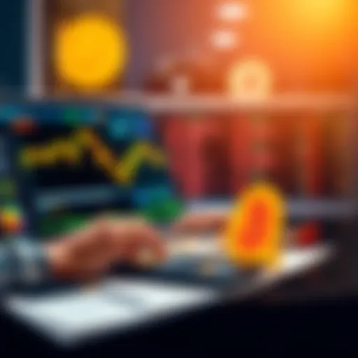 Beginner Investing in Bitcoin A person looking at their laptop, analyzing Bitcoin prices with a notebook and calculator nearby, showing a focus on investment and finance.