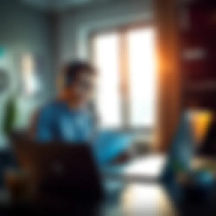 A person sitting at a desk with a laptop, taking notes while listening to a finance podcast. They have a focused expression, symbolizing their desire to learn about smart investing.