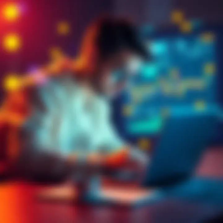 A person studying Decentralized Finance on a laptop with charts and digital currency symbols around