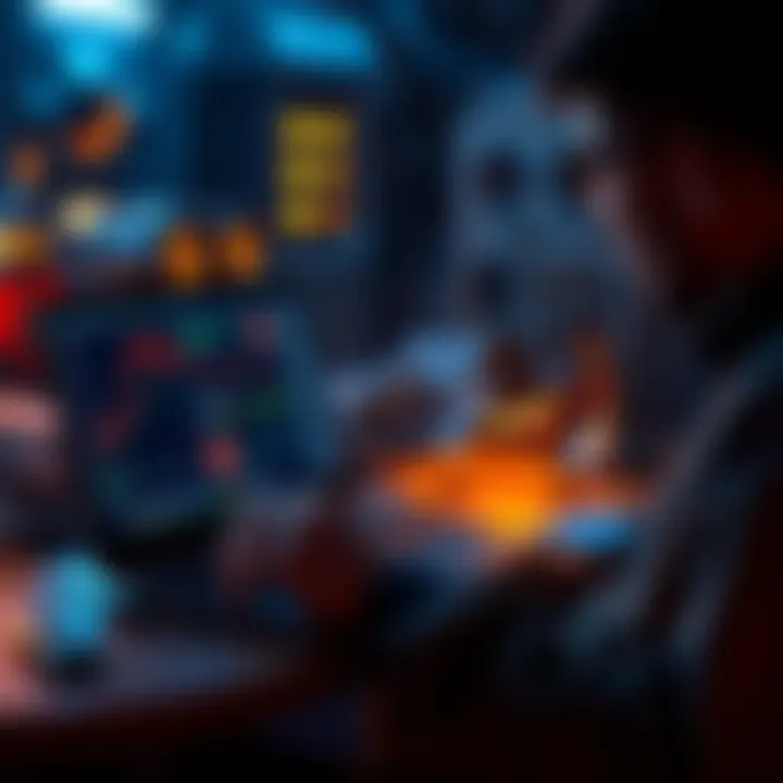 A person learning about mining with a laptop and mining graphics on the screen