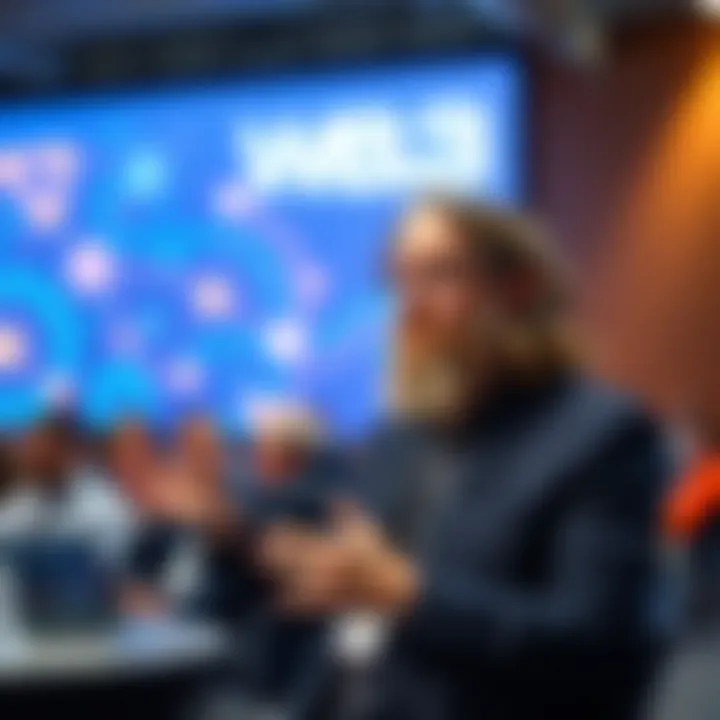 Dr. Ben Goertzel speaks about cross-chain interoperability in a tech conference setting, with visuals of blockchain technology around him.