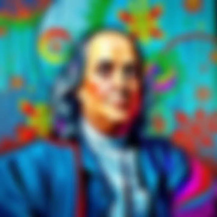 Vibrant acrylic painting of Ben Franklin with colorful abstract design