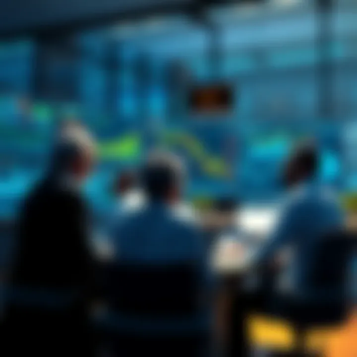 A group of business professionals discussing investment strategies in a modern office setting, with charts and graphs displayed on screens, reflecting changes in market trends.