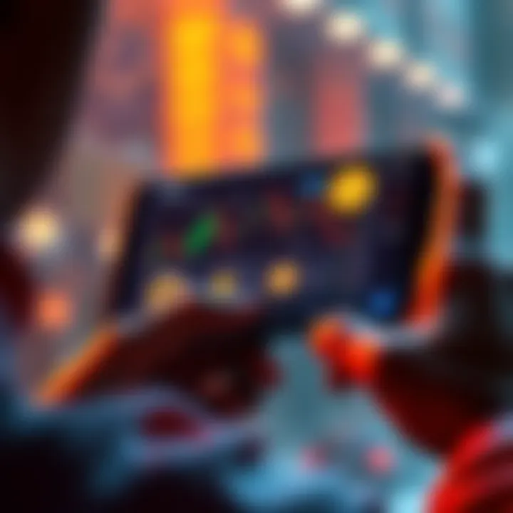 A person using a smartphone to manage cryptocurrency apps, showing charts and digital coins on the screen