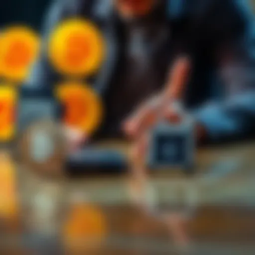 A person comparing Ledger and Trezor hardware wallets on a table with Bitcoin symbols in the background.