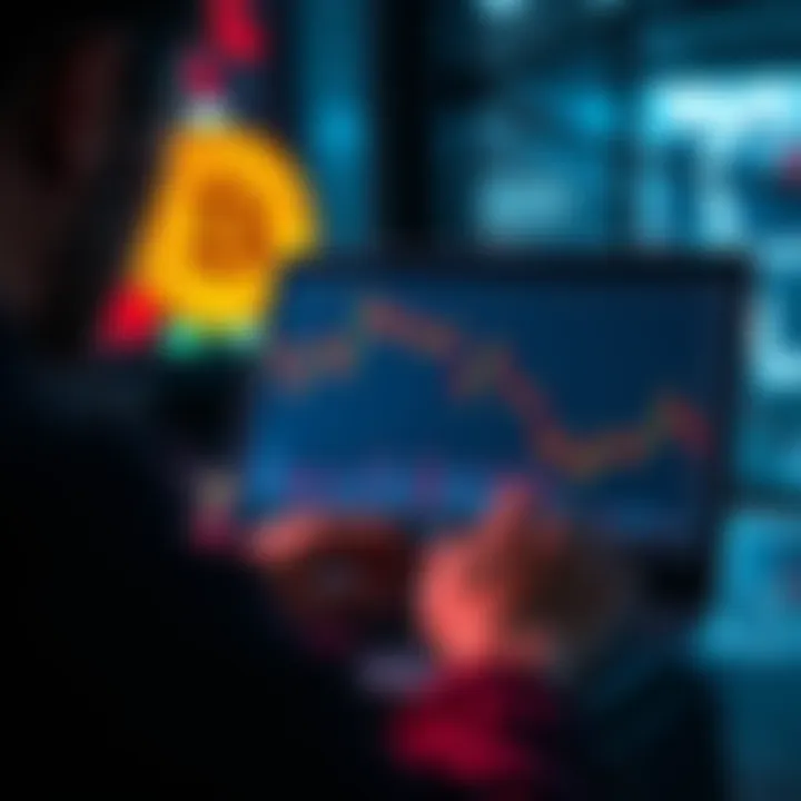 A person looking at a downward trend graph on a laptop screen, symbolizing betting against Bitcoin's value decline.