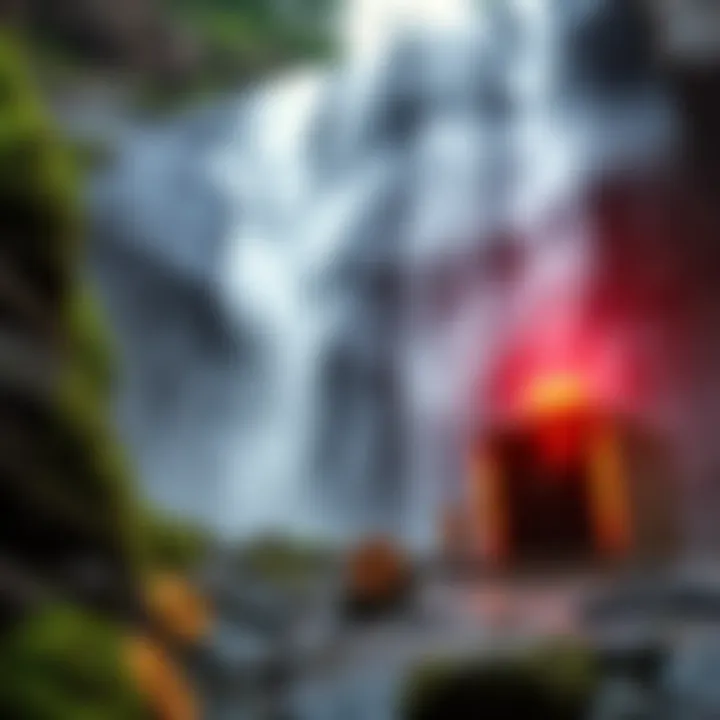A vibrant waterfall in Bhutan with Bitcoin mining equipment nearby, illustrating the country's unique strategy to harness nature for cryptocurrency profits.