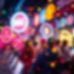 Colorful digital tokens representing bid tokens engaging people online