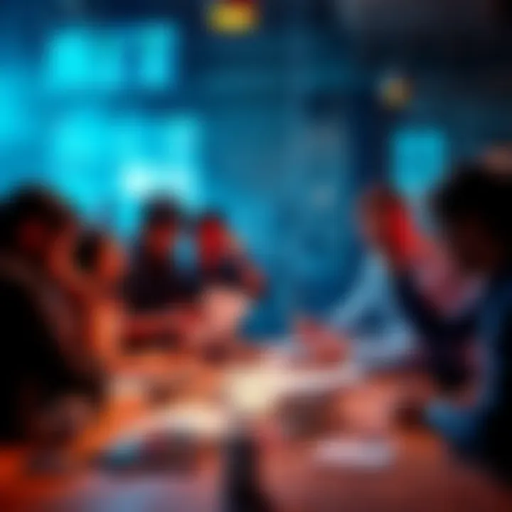A group of people discussing bidding strategies with papers and tokens scattered on a table, showing tension and excitement over the 10k cutoff issue