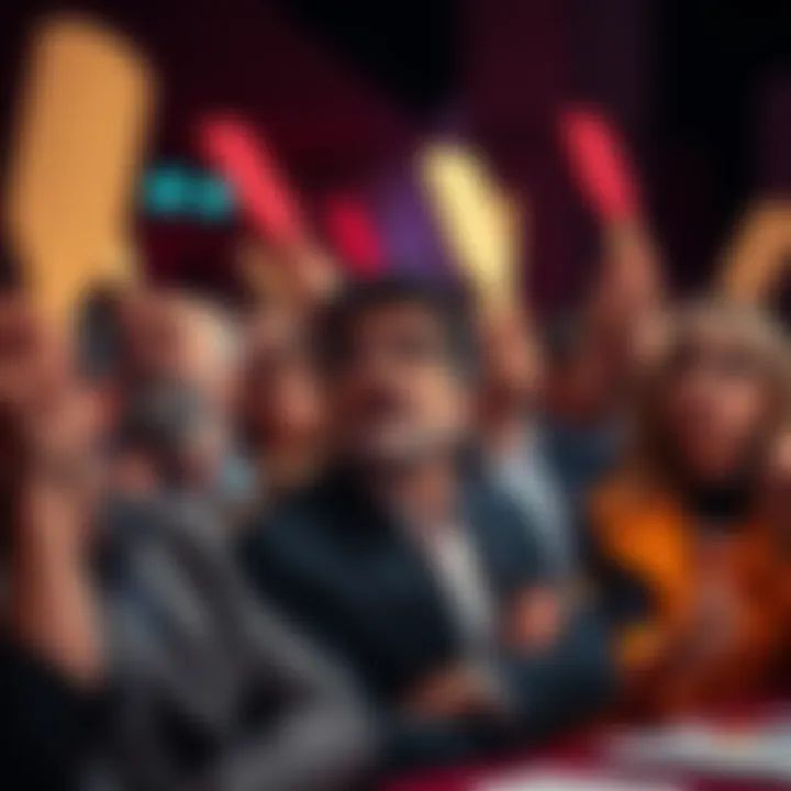 A group of people actively bidding in a no reserve auction, with paddles raised and expressions of determination.