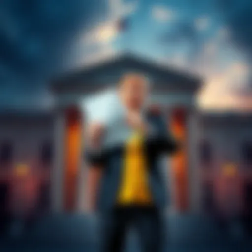 A billionaire investor standing in front of a courthouse holding legal documents, symbolizing a fraud lawsuit against Trump's cryptocurrency venture.