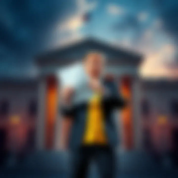 A billionaire investor standing in front of a courthouse holding legal documents, symbolizing a fraud lawsuit against Trump's cryptocurrency venture.