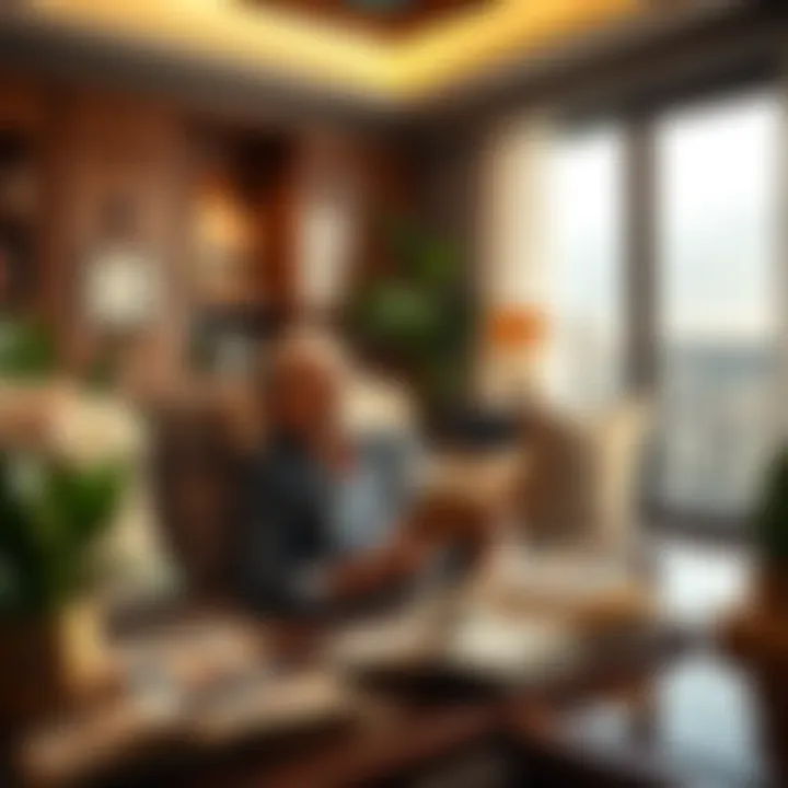A billionaire relaxing with a book and coffee in a luxurious home office, showcasing a serene morning atmosphere.