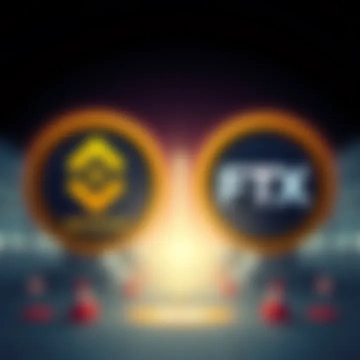 An illustration showing Binance and FTX logos side by side, with warning signs indicating financial risks, representing the potential bankruptcy concerns of Binance.