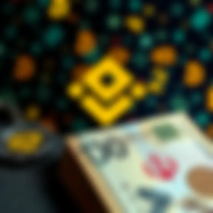 A graphic showing the Binance logo with a backdrop of cryptocurrency symbols and a focus on Iranian currency, representing allegations of money laundering.