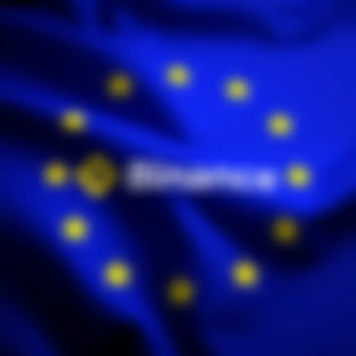 Binance logo in front of the European Union flag, symbolizing its efforts to return to the EU market, amidst regulatory challenges