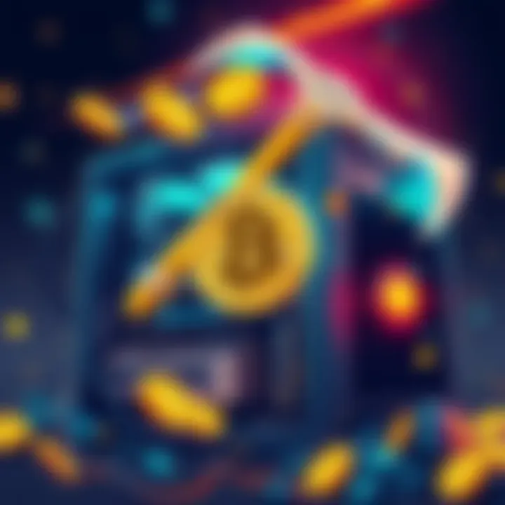 A digital illustration showing a mining rig celebrating the achievement of 183 grams in BCH, with a glowing graphic representation of BCH coins
