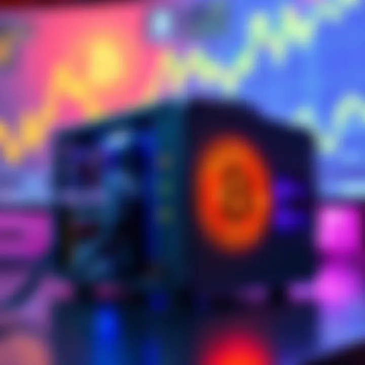 A Bitaxe Bitcoin miner unit, showcasing its design and features on a table, with cryptocurrency graphics in the background.