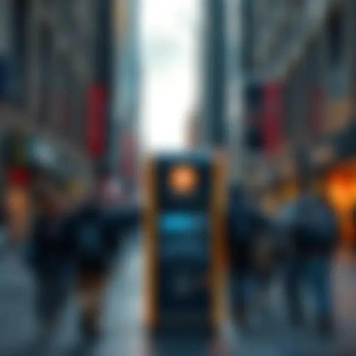 A Bitcoin ATM located in a busy urban area with people using it to buy cryptocurrency