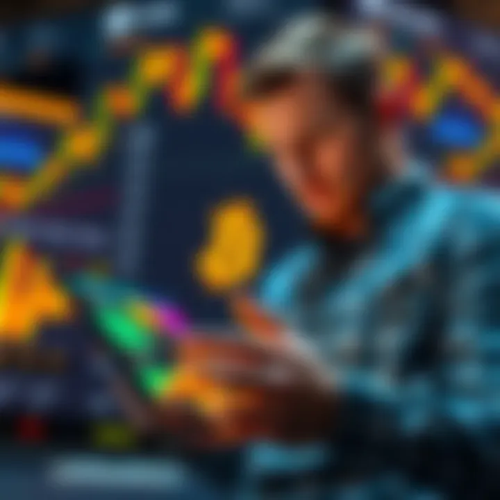 A person reviewing Bitcoin backed loan options on a digital device with financial charts in the background.