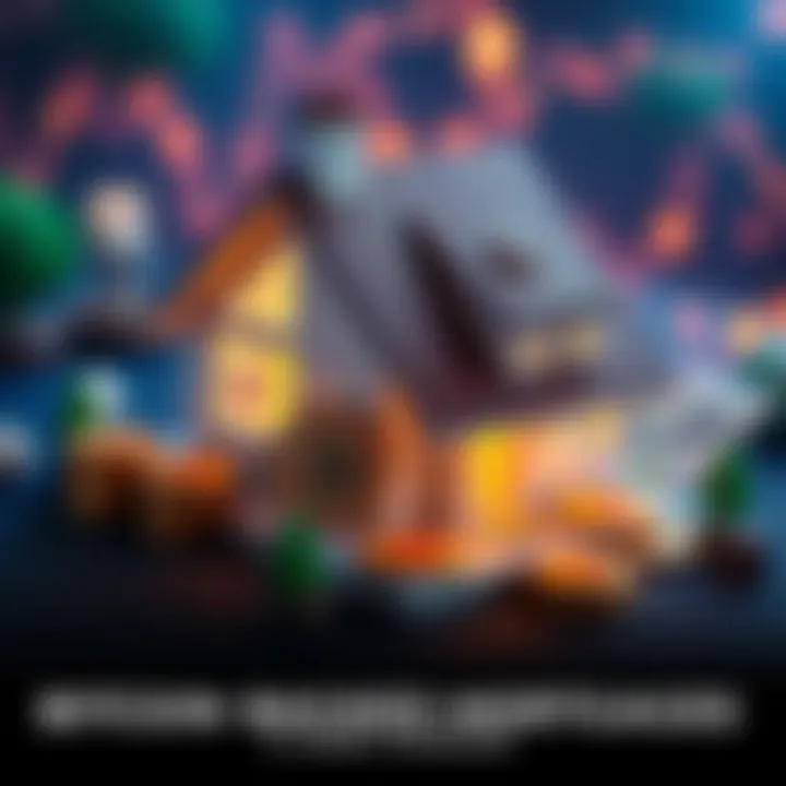 Bitcoin mortgage concept with a house A house model with Bitcoin coins and bank notes, illustrating Bitcoin backed mortgages