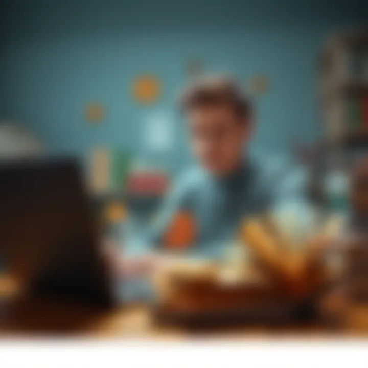 A young man looking at a laptop with Bitcoin symbols on the screen, surrounded by books about cryptocurrency, representing a learning environment for newcomers.