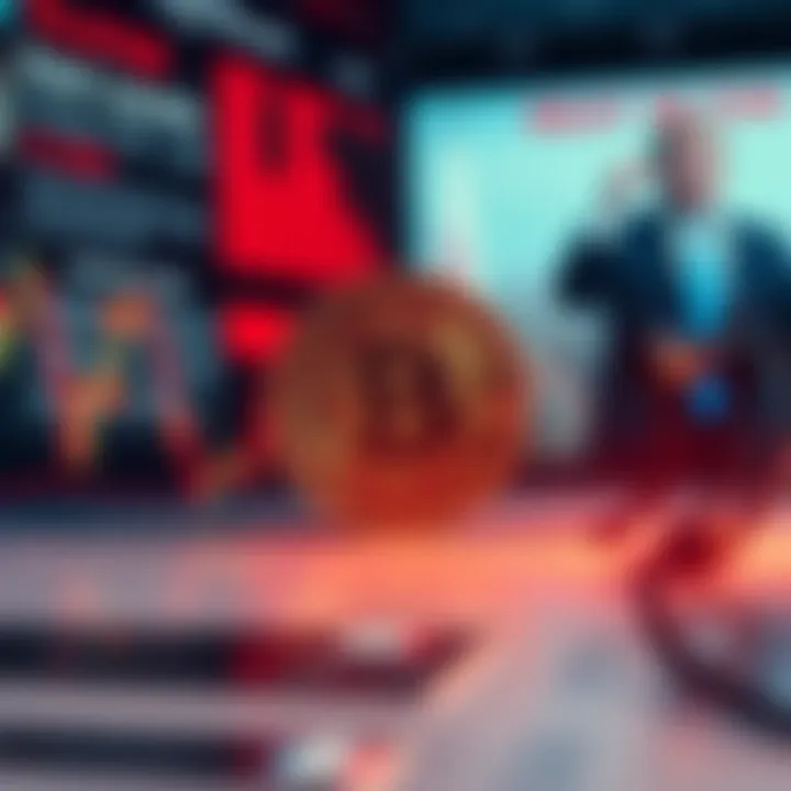 Bitcoin price chart showing levels below 70,000 with a backdrop of news headlines about Trump and Iran tensions