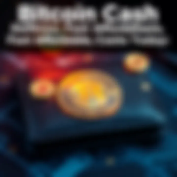 A digital wallet displaying the Bitcoin Cash logo with coins and sound currency symbols around it, representing fast transactions and low fees.