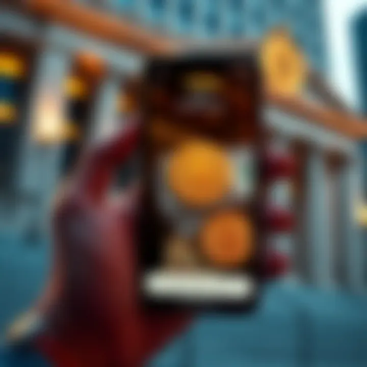 A person holding a smartphone showing a Bitcoin wallet app, with cash and a bank building in the background, symbolizing selling Bitcoin for cash.
