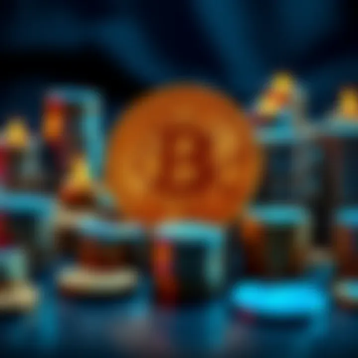 A Bitcoin symbol surrounded by stacks of coins representing investment and potential earnings
