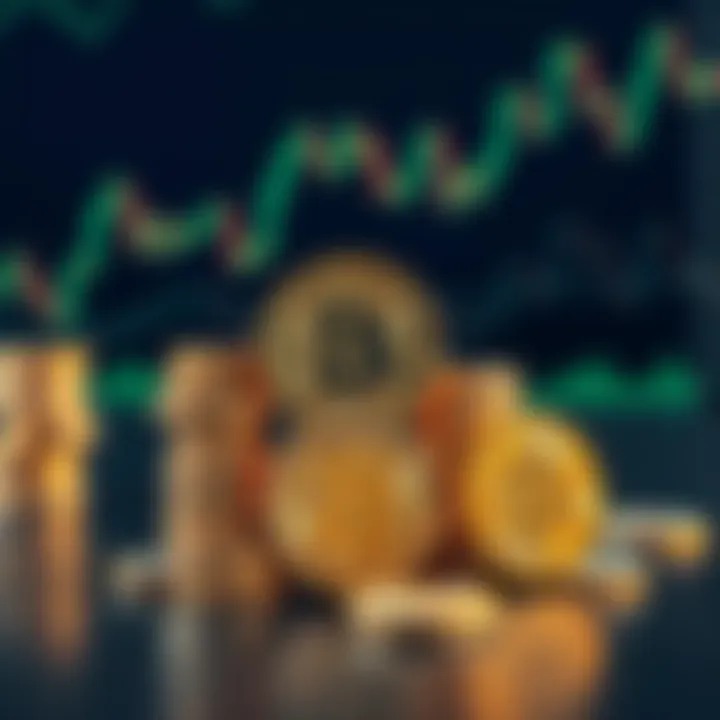 A collection of Bitcoin coins stacked on a table, symbolizing value and scarcity as all coins are purchased and held, with a backdrop of a digital stock chart indicating fluctuating prices.