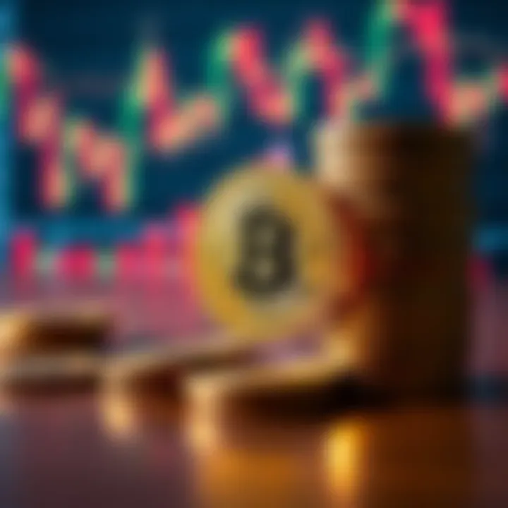 A close-up view of stacked Bitcoin coins on a wooden table, showcasing their shiny surfaces and distinctive logos, with a blurred background of financial graphs.