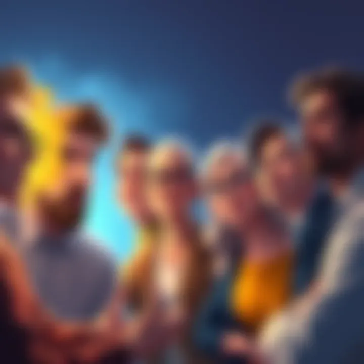 A group of diverse people discussing Bitcoin halving with animated expressions, representing various opinions and feelings about the event.