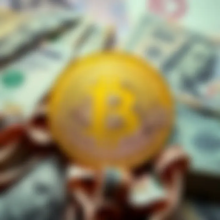 A prominent Bitcoin symbol in front of various traditional currency notes, highlighting its contrast with regular money