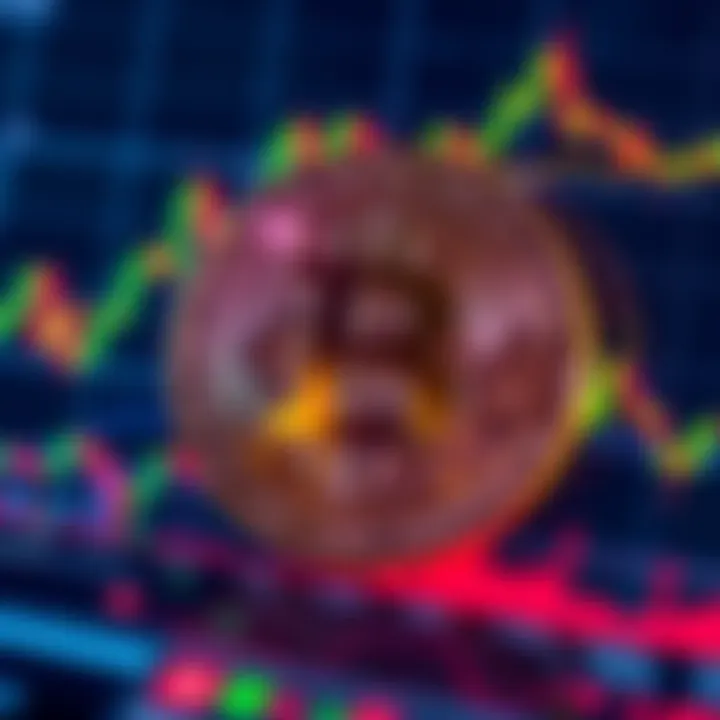 A Bitcoin symbol on a digital screen with fluctuating market graphs in the background