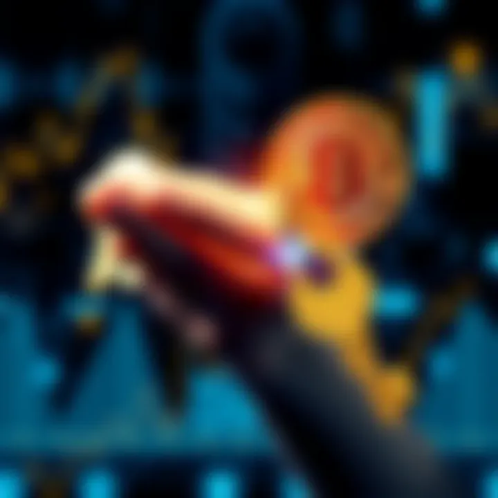 A visual representation of a person holding a Bitcoin symbol and a key, symbolizing the importance of private keys in Bitcoin custody, with a digital background.