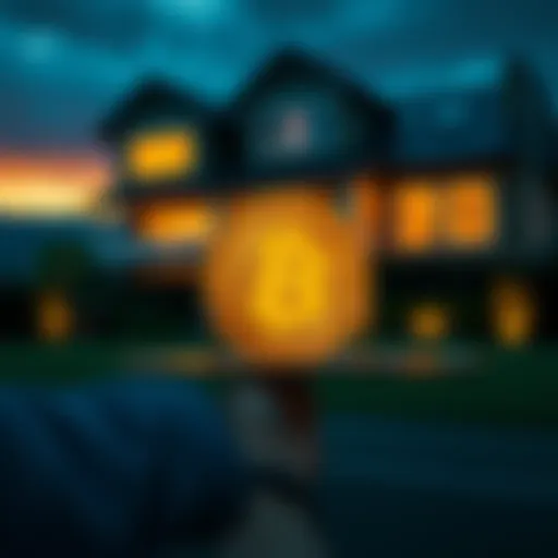 Person weighing options about selling bitcoin for a home down payment, with bitcoin symbol and house in the background.
