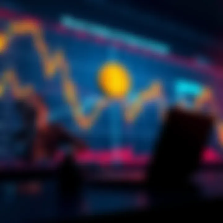A graph showing a downward trend in Bitcoin value with a worried investor looking at their laptop, symbolizing market turmoil.