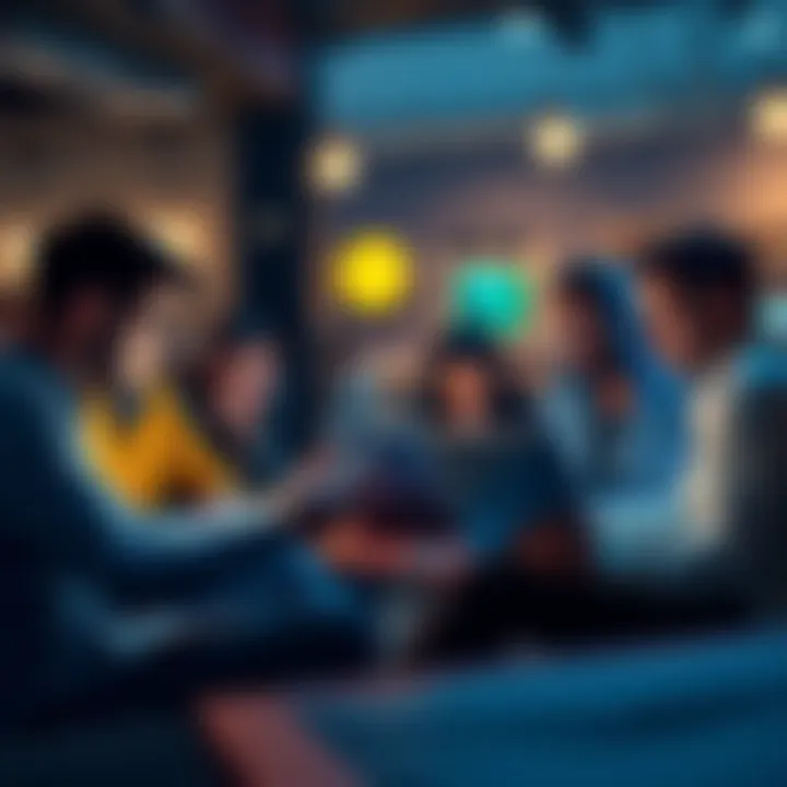 A group of people discussing Bitcoin with laptops and smartphones in a casual setting